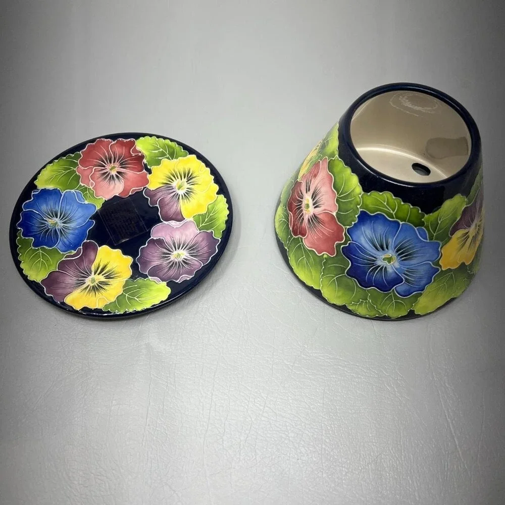 Vintage Blue Sky Flower Candle Lamp J‎ McCall 2004 Colorful Pansies Shade Plate
